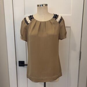 🔴 SOLD 🔴 Tory Burch Silk Tan Women's Top with Black and White Accents